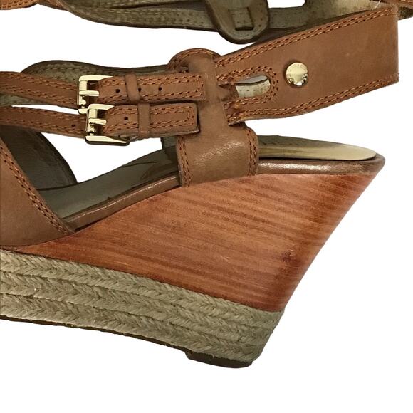 Michael Kors Keli Wedge Leather Espadrille Crossover Heel Sandal Brown Tan 8.5 - Picture 9 of 12